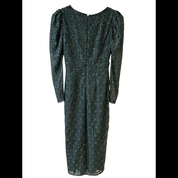 Mac Duggal Long Sleeve Beaded Lace Sequin Green Midi Cocktail Dress Sz 4 NWT - Picture 12 of 16